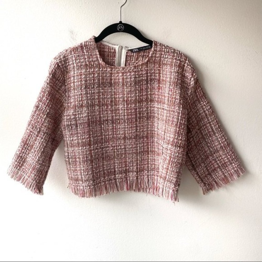 Zara Pink Tweed Fringe Cropped Top size S Small